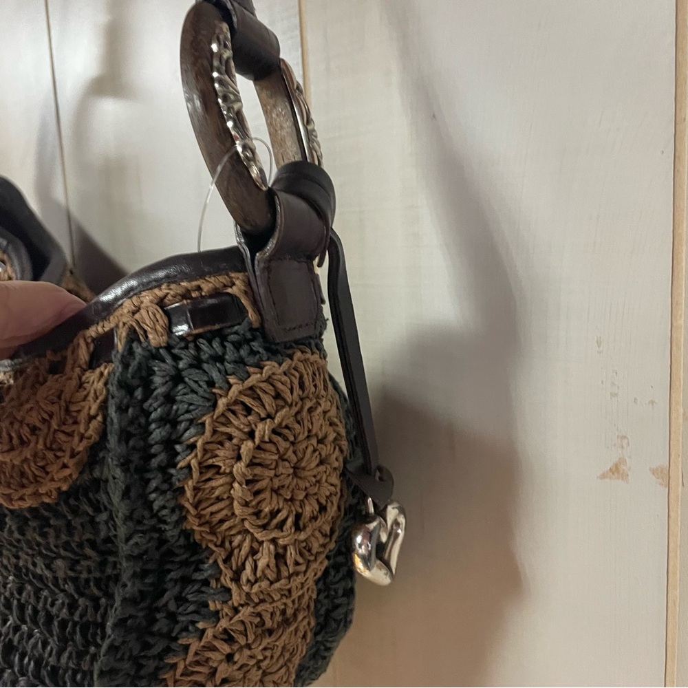 Vintage Brighton Crochet Black & Tan Hobo Bag Braided Handle, Leather Trim - Picture 3 of 9